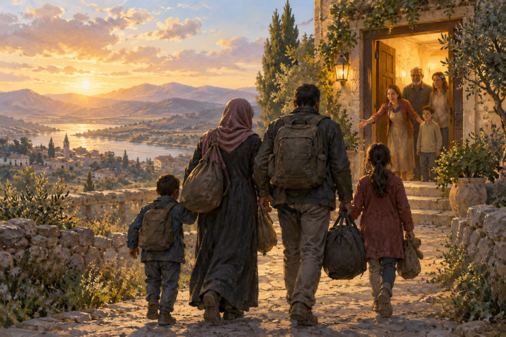 Editorial illustration for The Age of the Refugee: How Displaced Millions & the Hope of God are Changing the World